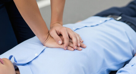 Obraz premium Hands performing CPR chest compressions on an unconscious man
