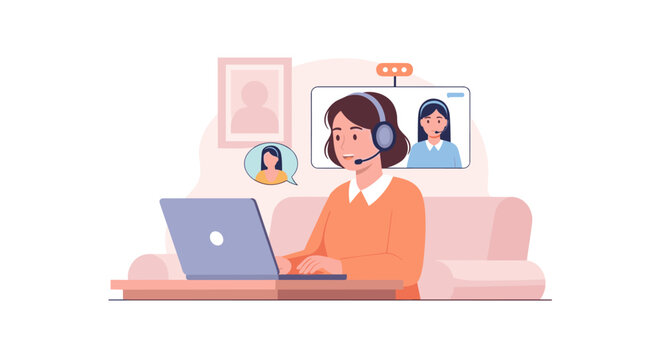 Woman in headset working on laptop during video conference call.
