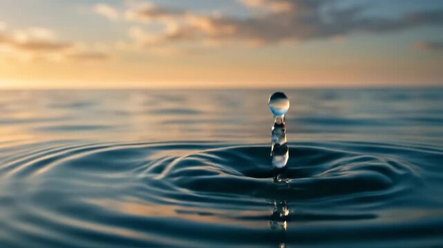 A solitary water drop over the vast open ocean, calm blue surface, distant horizon and meditative stillness emphasizing simplicity and disappearance into space, photorealistic seascape macro concept,