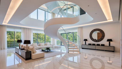Fototapeta premium Luxurious Modern Living Room with Elegant Spiral Staircase and High Ceilings