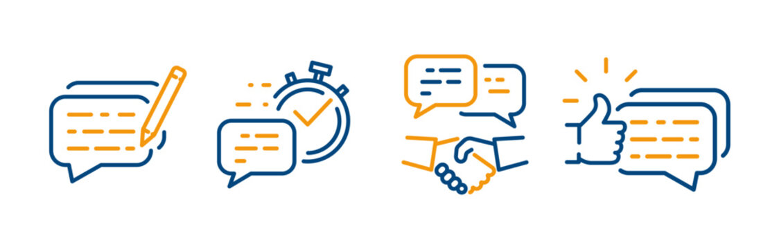feedback icon set, outline icons of writing article, quick response, client review, business dialogue, feedback thin line web symbols on white background - editable stroke vector illustration