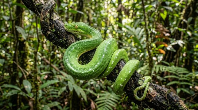 Green tree python coiled on branch close up vibrant snake reptile wildlife detail