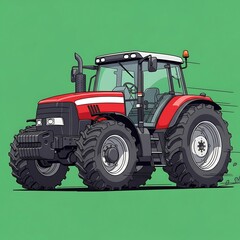 Obraz premium A red, powerful agricultural tractor with large tires on a bright green background