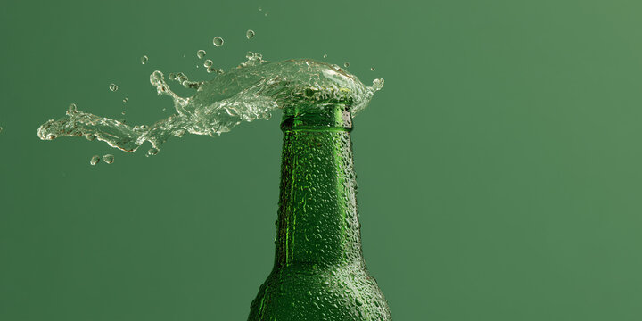 Refreshing liquid splash exploding from green bottle 