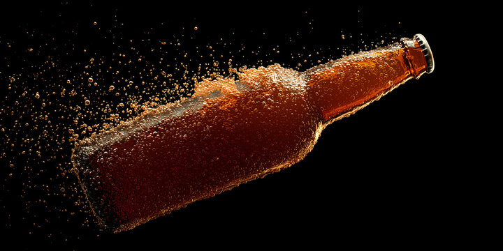 A broken glass bottle with liquid inside while exploding