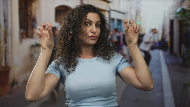 Young woman makes air quotes gesture with both hands on sunlit street lined with shops and stone facades; sarcasm playful humor.