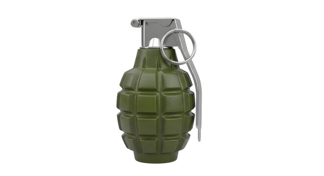 Green hand grenade with silver pin and safety clip on transparent background