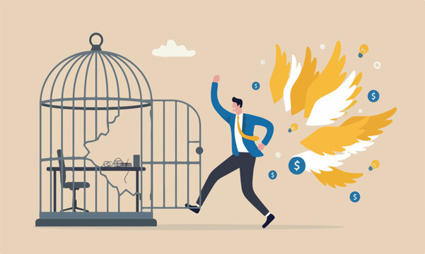 Break free day to start new business, escape for freedom, resign from toxic workplace or retirement concept, confidence businessman break free from toxic working desk bird cage