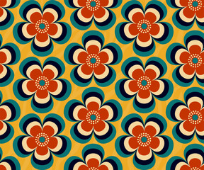 Fototapeta premium Retro floral Mid Century modern stylized flowers, 1970s mod seamless vector pattern illustration. For home decor, wallpapers, fabrics and textile.