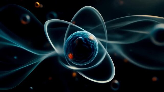 Macro of Atomic Nucleus with Glowing Electron Probability Clouds in Dark Void