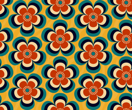 Retro floral Mid Century modern stylized flowers, 1970s mod seamless vector pattern illustration. For home decor, wallpapers, fabrics and textile.