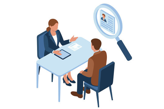 An isometric illustration depicts a job interview scenario with a recruiter and candidate