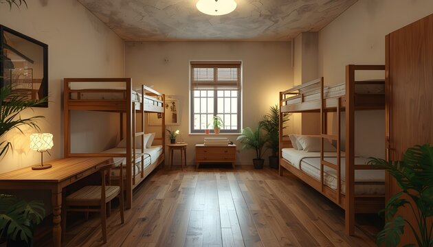 A cozy hostel room with bunk beds and a desk by the window