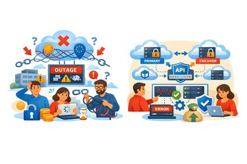 Naklejka premium Cloud SLA Downtime Risk Illustration – Prevent Service Failure with Failover & Health Check Diagram