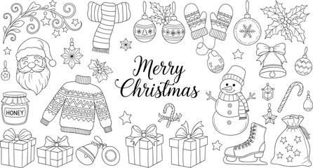 Obraz premium Christmas doodle vector set with santa gifts ornaments and winter elements hand drawn illustration isolated on white