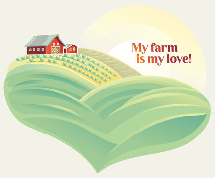 Stylized farm landscape in the shape of a heart, with fields, a farmhouse. Warm rural theme, suitable for agriculture, eco, and countryside design. Vector illustration.