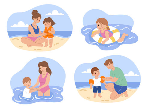 Kids water safety rules set. Flat vector illustration of family scenes at beach and pool. Child with life jacket, arm floaties, lifebuoy and parent supervision for secure swim education.