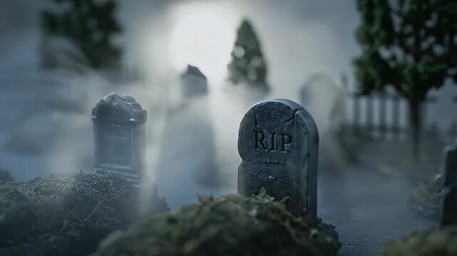 Atmospheric foggy graveyard scene with tombstones for a moody video.