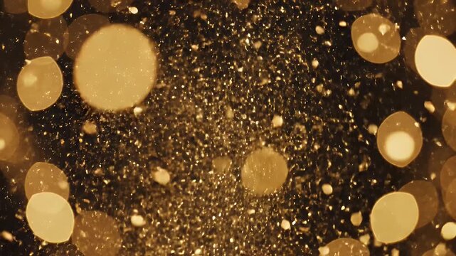 Golden Glitter and Bokeh Effect - The video showcases a mesmerizing spread of golden glitter particles suspended against a dark background, accompanied by an enchanting bokeh effect.