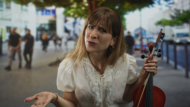 Woman in white blouse holds violin and shrugs palm while grimacing on a busy city street crowded with pedestrians; frustration busking struggle.