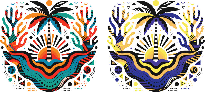 Boho summer set. Naive spiritual geometric palm tree, sun, sea, waves and corals emblem. Tropical retro surf prints, summer beach label, naive vignetting silhouette. Hand drawn vector illustration.