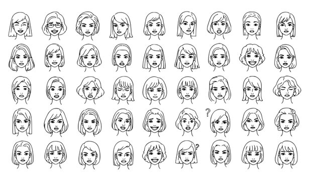Hand drawn women facial expressions collection outline sketch set with diverse emotions female faces vector illustration