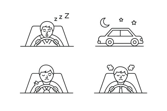 Illustrations depicting stages of driver fatigue drowsy asleep and experiencing mental fog