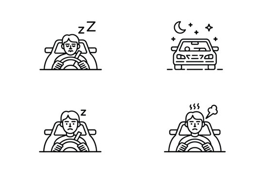 Illustrations depict drowsy driving a man struggling to stay awake behind the wheel