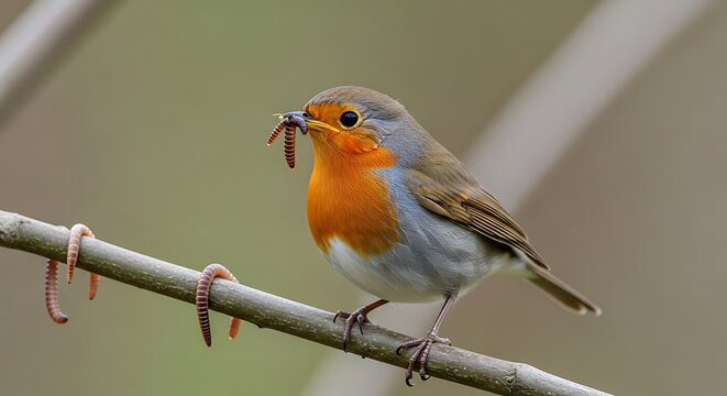 A robin with an orange breast perched on a branch, holding worms in its beak