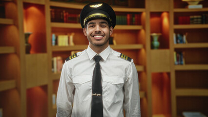 Man pilot in uniform and cap points both index fingers up while smiling, tie and epaulettes visible, bookshelves behind him in a studio  pride duty. © Krakenimages.com