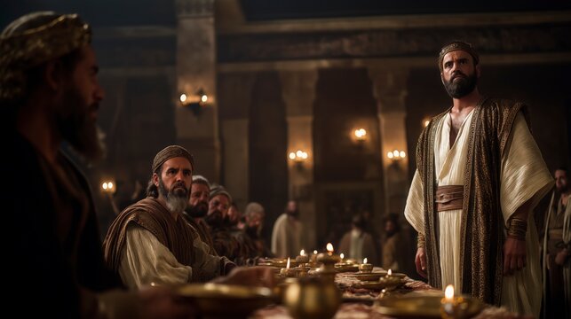 Jonathan stands before Saul as the king rises and hurls a spear, the lamplit hall revealing rage, broken trust, and a tragic divide.
