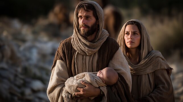 Joseph and Mary flee to Egypt with Jesus Christ, journeying through desert night as danger and divine protection shape a path of faith and refuge.
