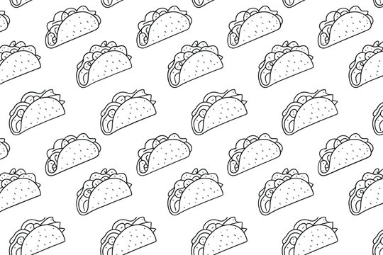 A seamless pattern of simple black and white line drawings depicting delicious tacos