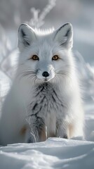 Obraz premium White fox with bright amber eyes sits in snowy landscape. Fur blends with winter surroundings. Animal looks calm and alert. Perfect for wildlife, nature, or seasonal themes