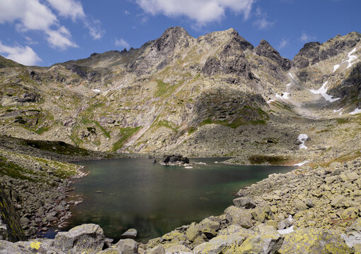 Glacial lake Zabie pleso in the Mengusovska dolina valley with High Tatras peaks, Slovakia