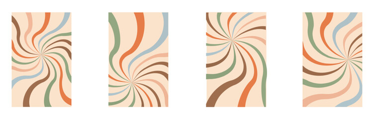 Obraz premium Colorful swirl Retro Groovy Pattern. Psychedelic Wavy Vector Background. Abstract Funky Spiral and Radial Sun Burst Bg Set. 