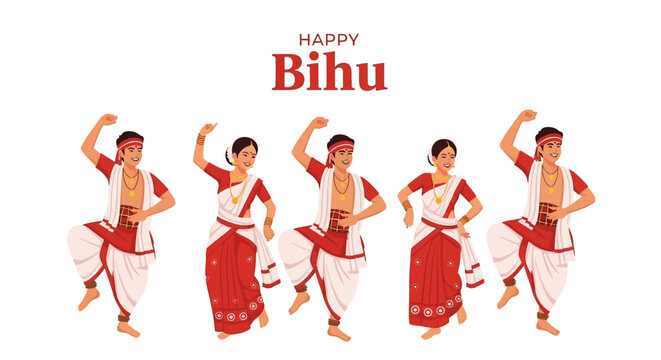 A vibrant vector illustration showcases the joyful Bihu dance celebration, with traditionally dressed Assamese people performing against a clean white background, evoking a festive Assam