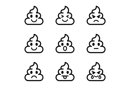 A collection of nine black and white cartoon images depicting piles of poop with varying expressions