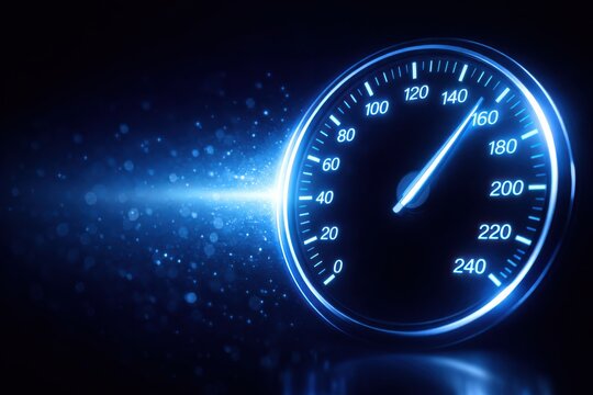 Glowing neon blue speedometer on a dark background showing high speed performance.