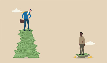 Obraz premium Economic inequality, rich and unfair income, different money people concept, white rich businessman standing high salary coins tower poor black man on low coins stack