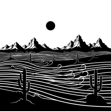 Desert landscape, black and white illustration, mountain range, cactus, sunset