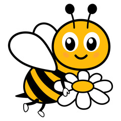 Fototapeta premium Adorable bee with flower. Flying bumblebee character. Vector illustration isolated on white.