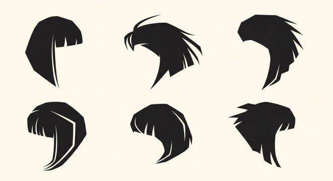 Set of six stylized female hairstyle silhouettes.