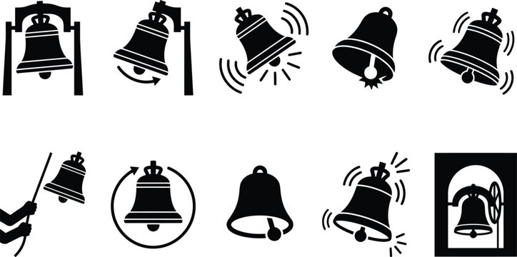 Vintage church bell icons set, black silhouette ringing bells collection, 10 vector elements for notification and alert design, traditional metal bell symbols