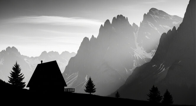 Silhouette of Jagged Mountain Peaks and Ridges.