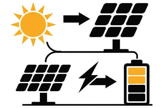 Solar energy system with sun panels battery and lightning bolt showing renewable power generation and storage