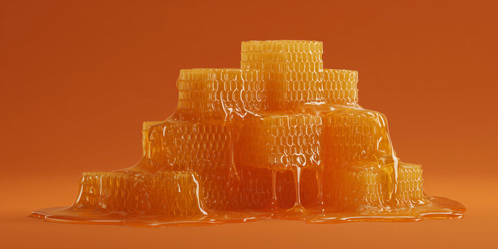 A cascading display of golden honeycomb dripping with sweet, golden honey, set against a rich background. This image captures the essence of natural sweetness and intricate design.