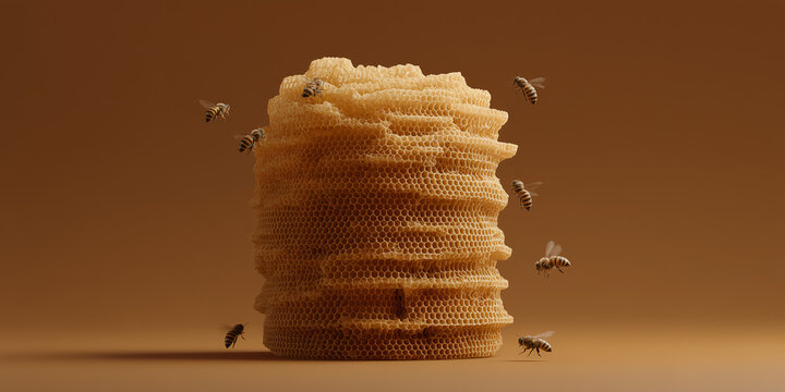 A structure of honeycomb with busy bees flying around. The image is an close up shot which shows the details of the honeycomb cells