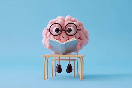 Brain character reading book at desk