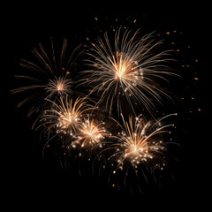 Obraz premium Fiery Celestial Display: A dazzling spectacle of fireworks erupts across the night sky, their radiant bursts of light illuminating the darkness in a symphony of colors and shapes.